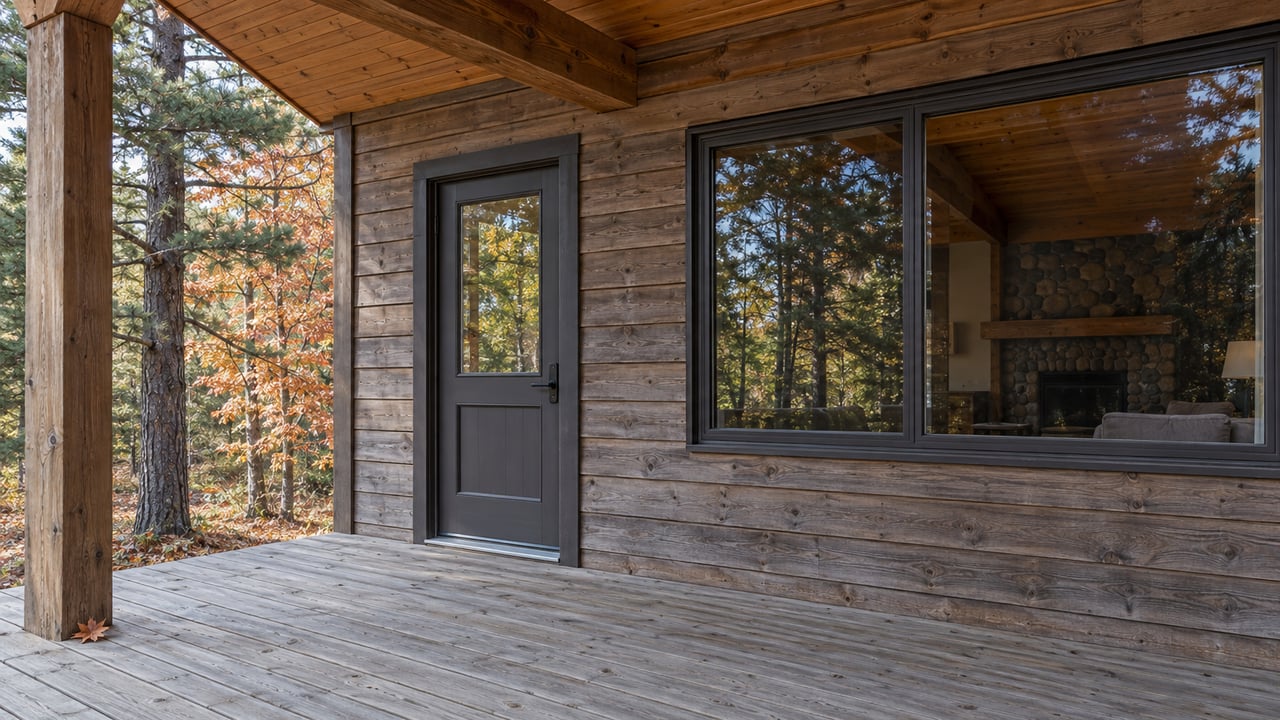 Weathered cedar house entry and broad window beneath a timber deck roof, with autumn hardwood and pine trees beside the porch.