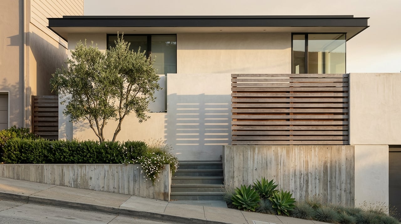 Stepped white-plaster hillside house with a glazed corner, cedar slat entry screen, bluestone steps, and drought-tolerant planting.