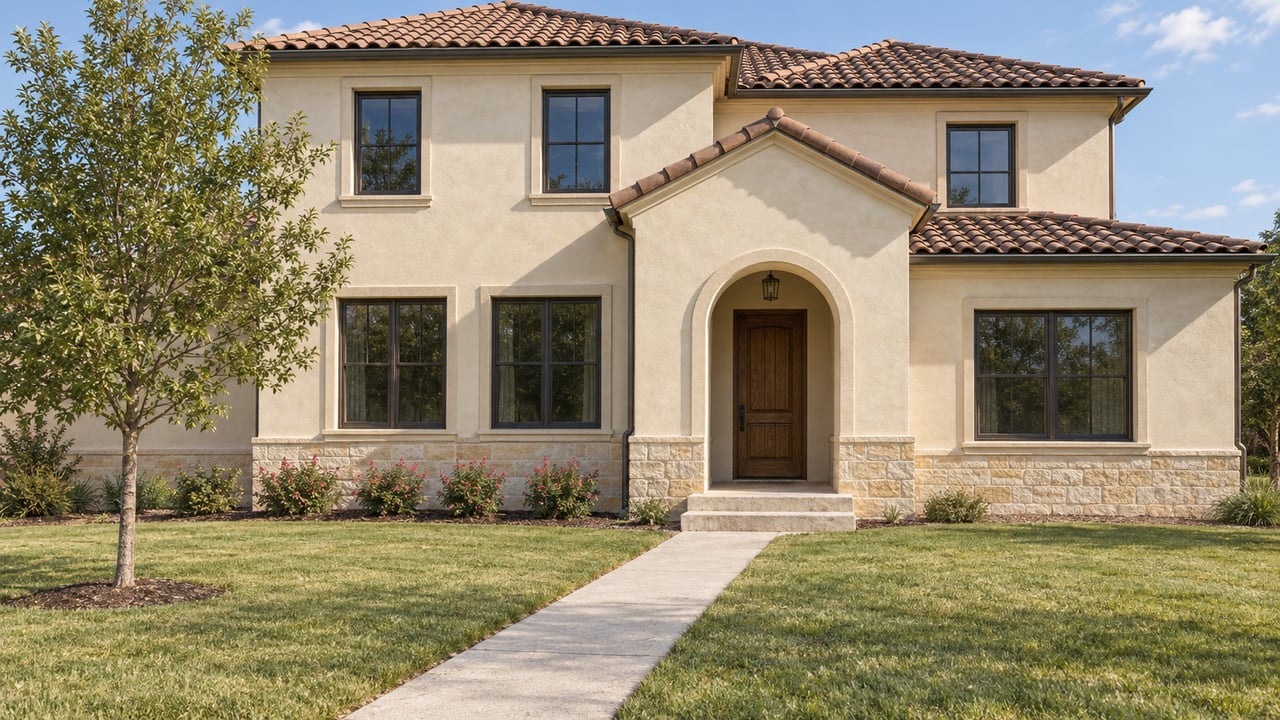 Two-story ivory stucco home with a clay tile roof, dark-framed windows, a recessed oak entry and a deep front lawn.
