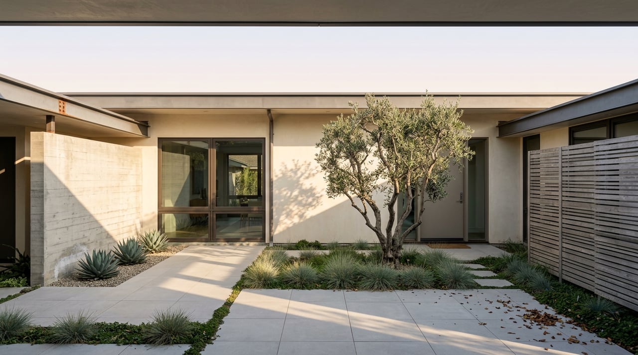 Contemporary cream-stucco home with bronze windows, a concrete accent wall, and an olive tree in its paved forecourt.