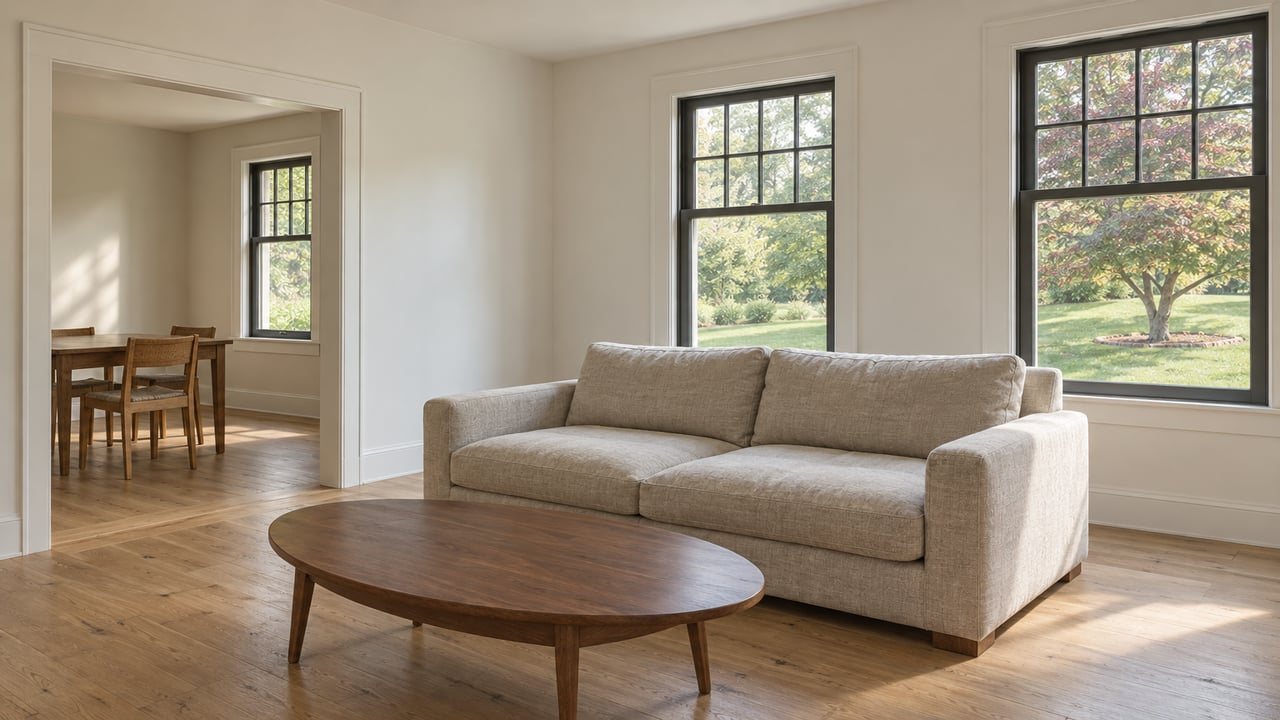 Light oak floors and a linen sofa in a white sitting room with dark-framed windows overlooking a lawn and flowering dogwood.