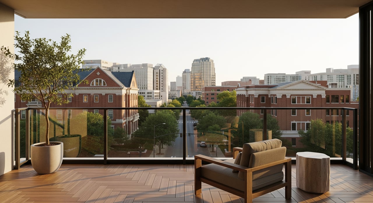 Balcony with a wooden chair, round side table, potted tree, and city buildings beyond a glass railing.
