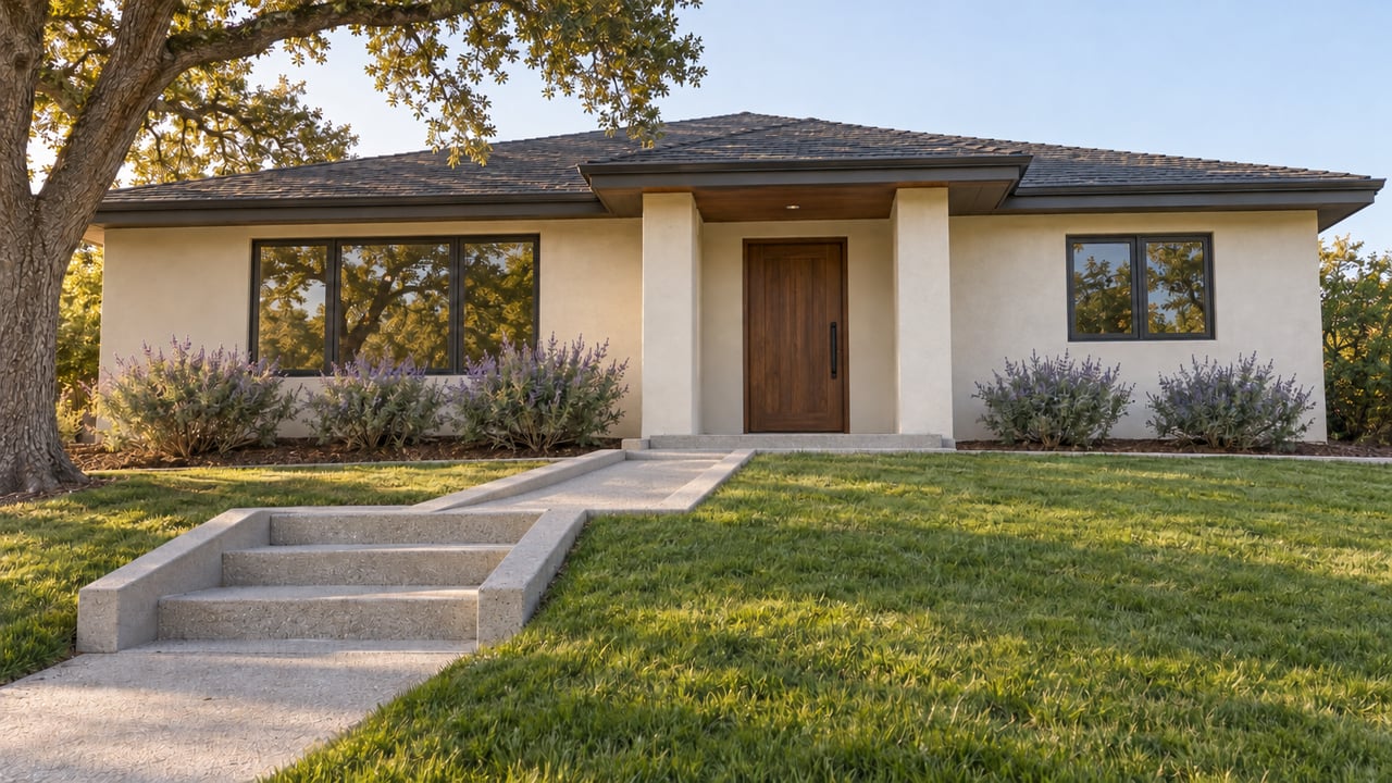 An ivory stucco home above a sloping lawn, with a continuous bordered concrete approach connecting the garden stairs to the shaded walnut entry.