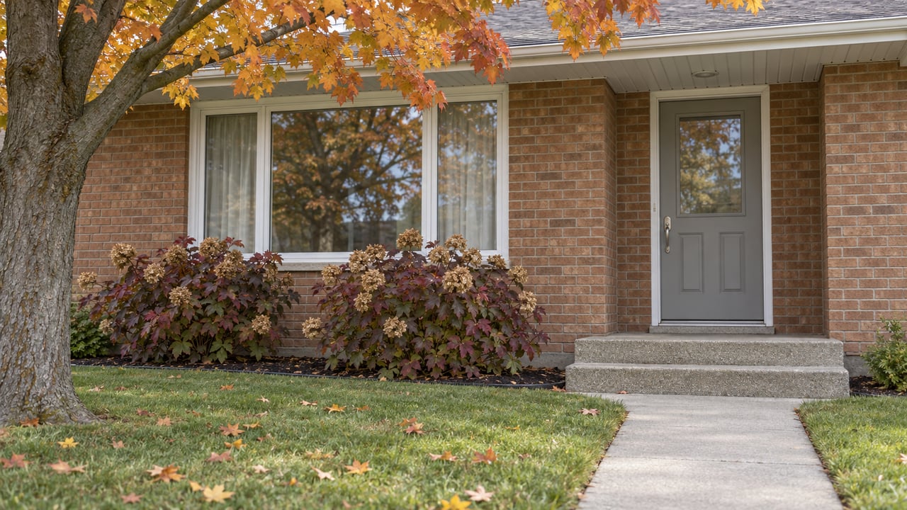 Autumn leaves frame a brick home's gray front door and white-framed window above a concrete walk and green lawn.