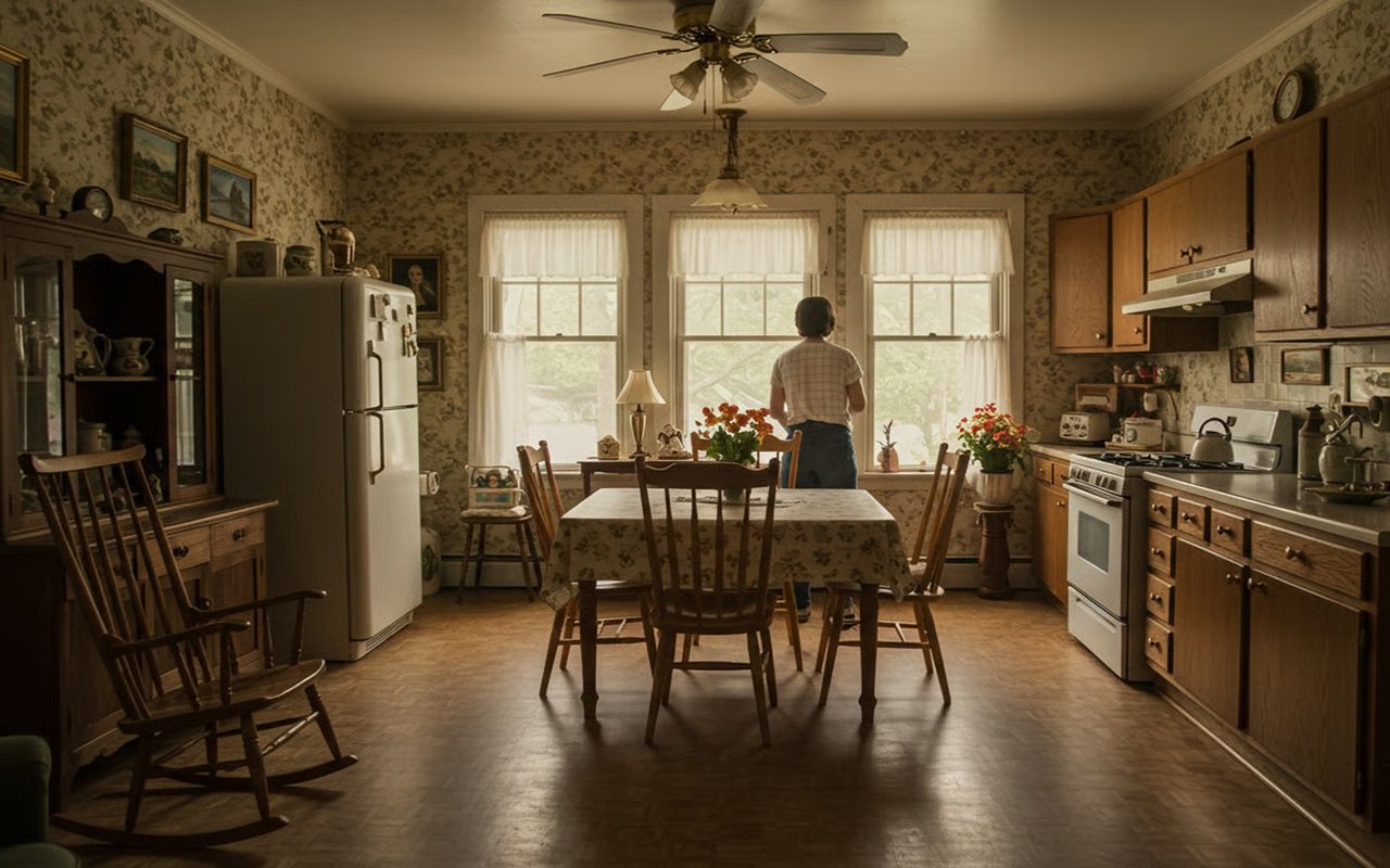Older kitchen with floral wallpaper, dark wood cabinets, and a dining table by three windows.