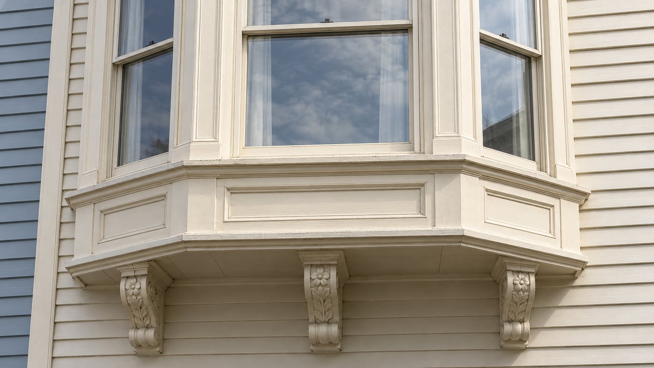 Cream-painted bay windows above carved wood brackets, with warm-white siding and a narrow adjoining blue facade.