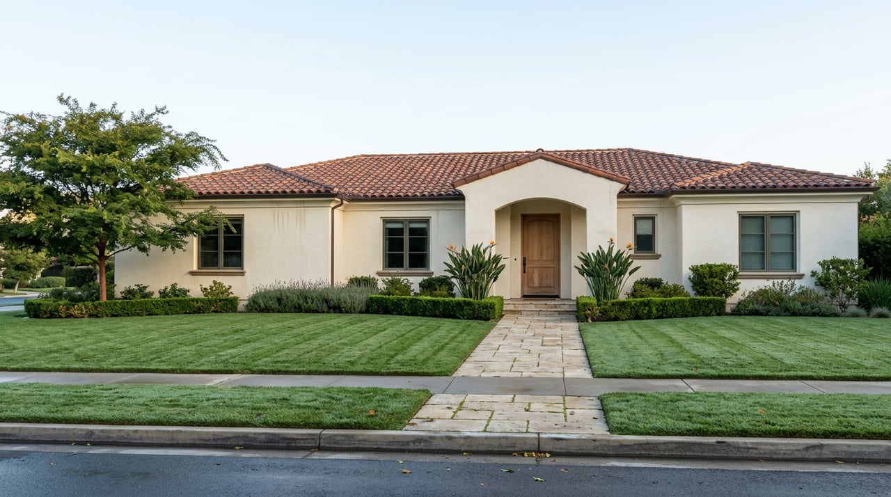 Single-story Spanish-revival home with arched entry, terra-cotta roof, and stone path through a manicured lawn.
