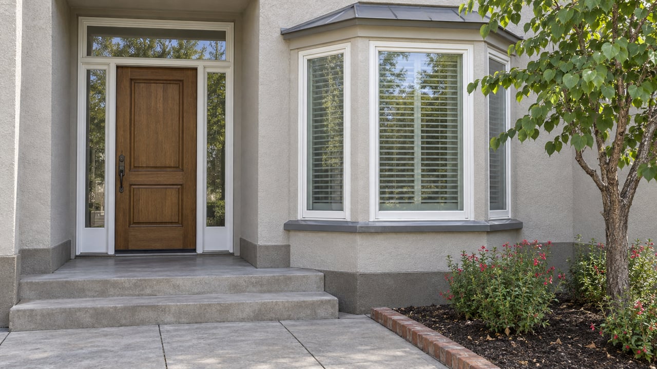 House entrance with a dark wood door, concrete steps, bay window, and landscaped flower bed.