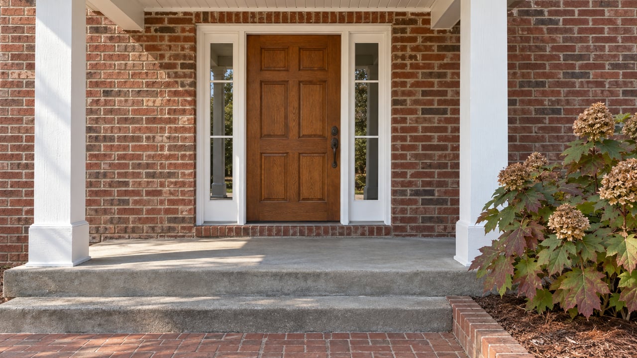 Brick home entrance with a stained wood door, paired sidelights, white porch columns and oakleaf hydrangea beside brick-edged steps.