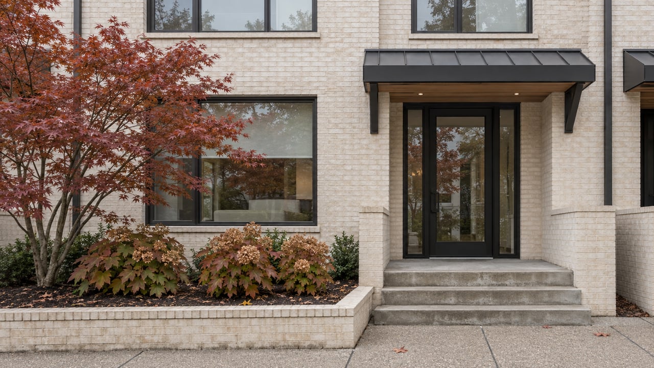 Light brick attached residence with dark-framed windows, a sheltered glass entrance and an autumn Japanese maple beside the concrete approach.