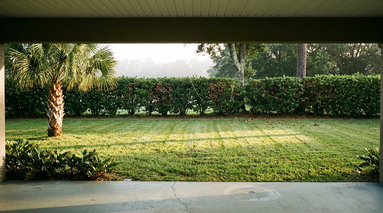A sunlit backyard lawn stretches from a covered lanai to a clipped hedge and trees.