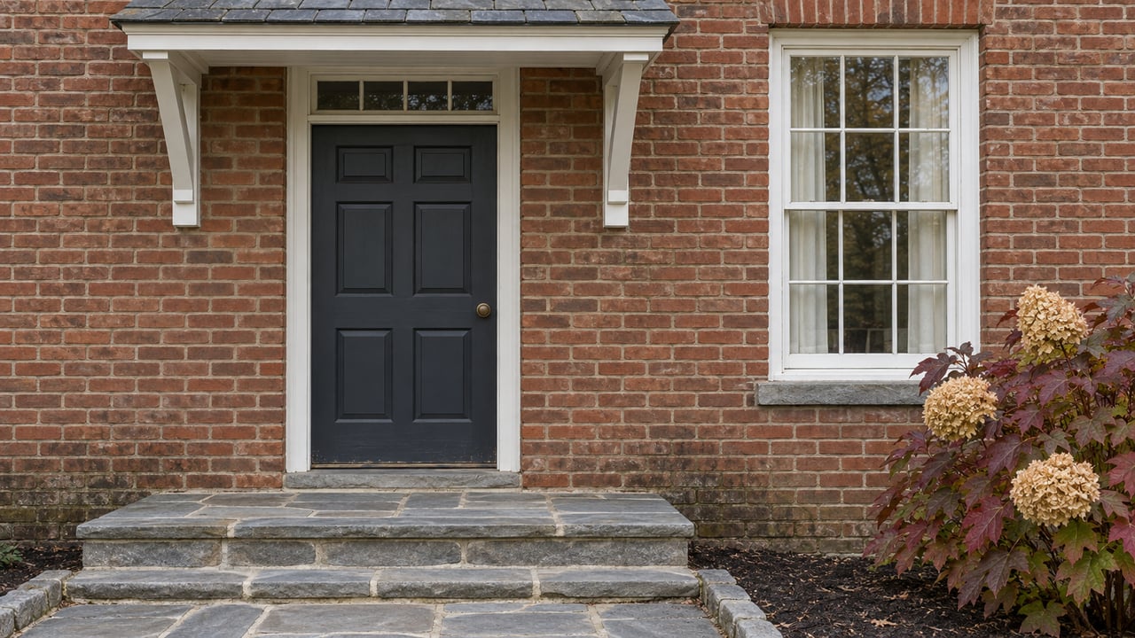 Brick home entrance with a charcoal door, white paned window, slate entry hood and weathered stone steps beside oakleaf hydrangea.