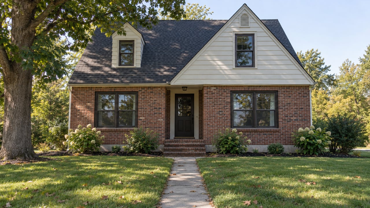 One-and-a-half-story brick-and-clapboard house with a deep lawn, concrete walkway, and oak tree.