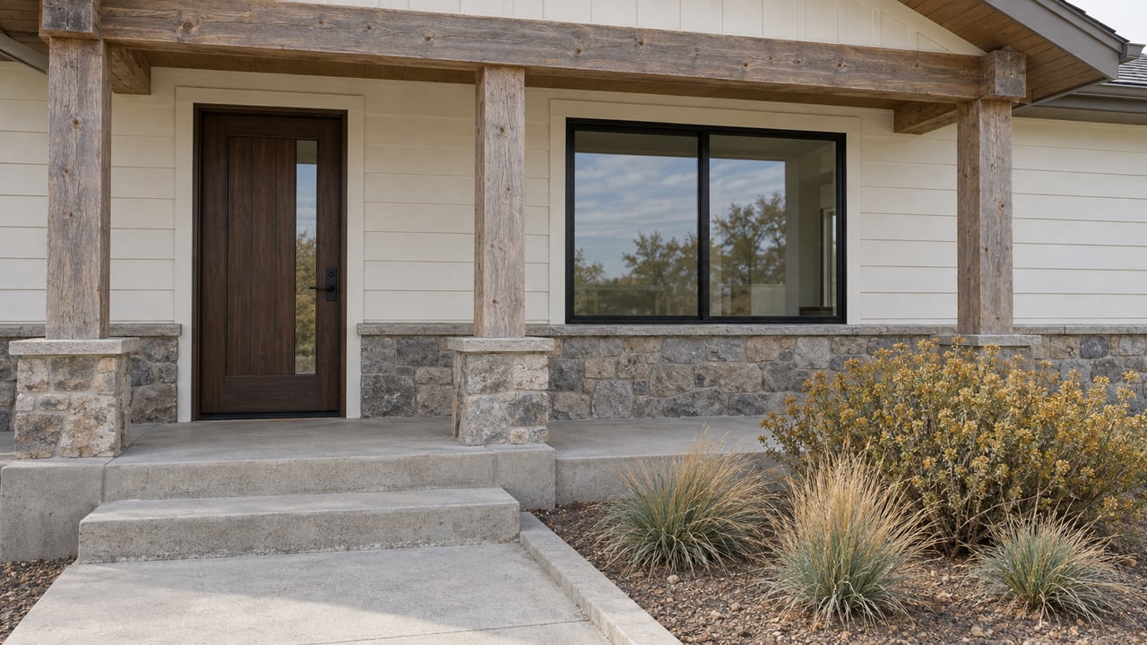 Weathered timber porch and white wood siding above a gray stone foundation, with a concrete approach and dryland flowering shrub.
