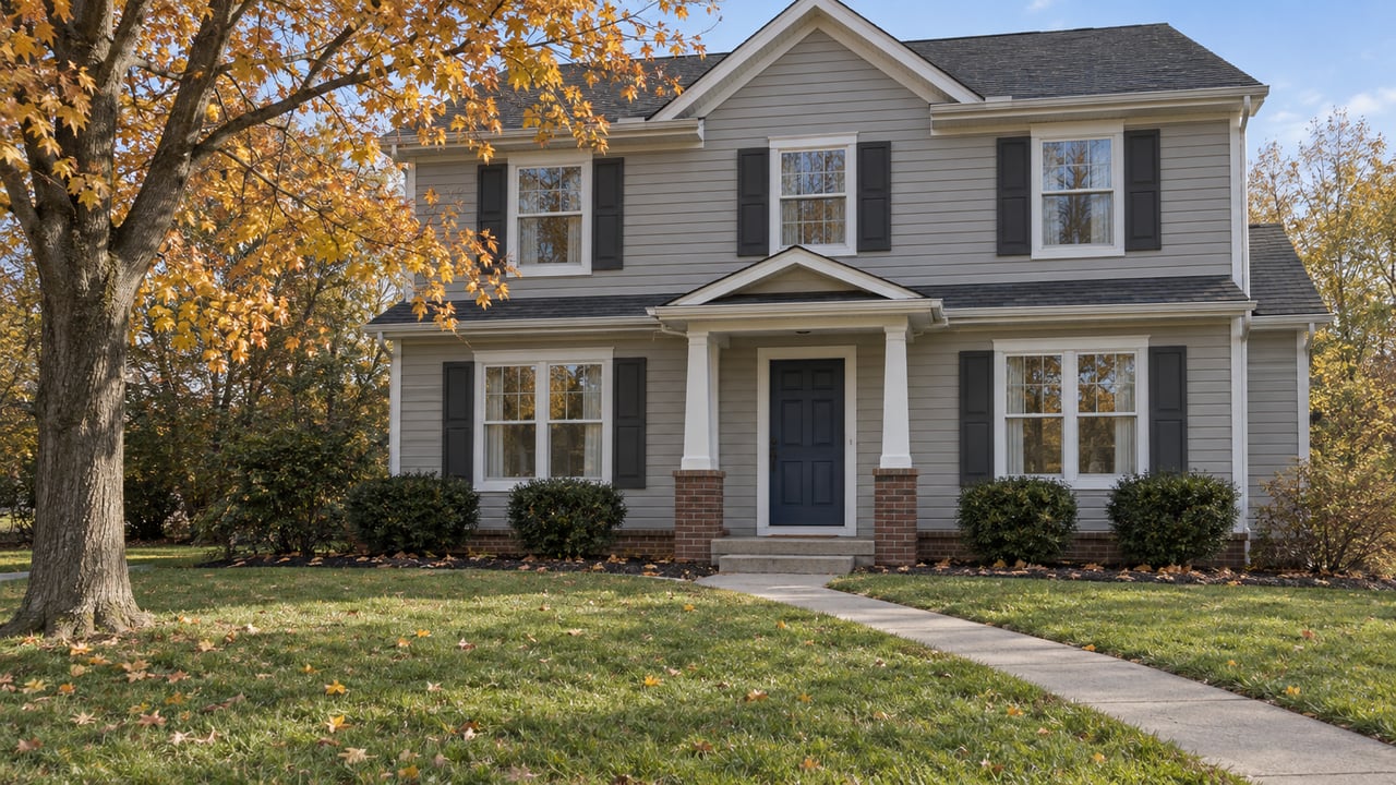 Traditional two-story home with light lap siding, a modest covered entry, a broad autumn lawn and a golden-leaved maple.