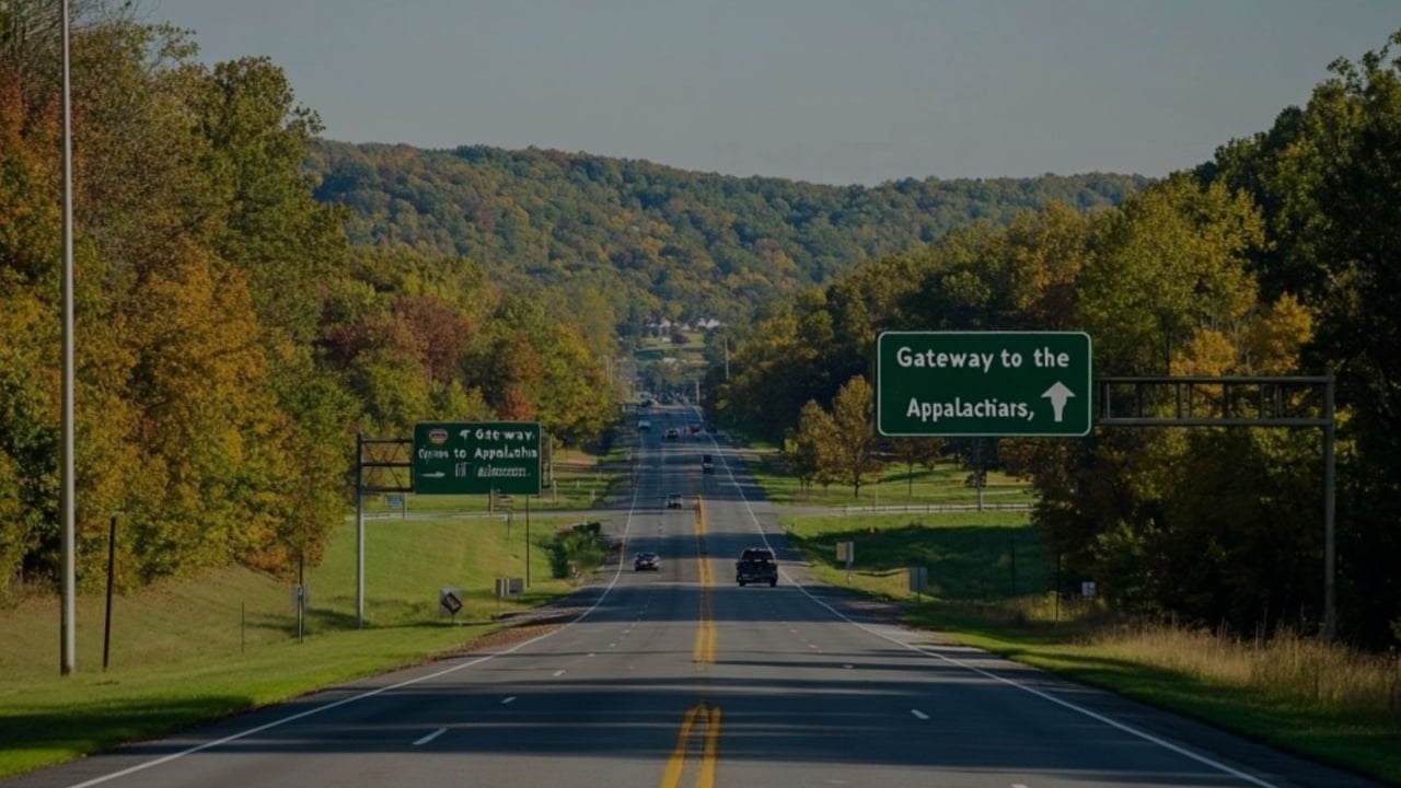 Highway through autumn-colored hills beneath a sign reading “Gateway to the Appalachians.”