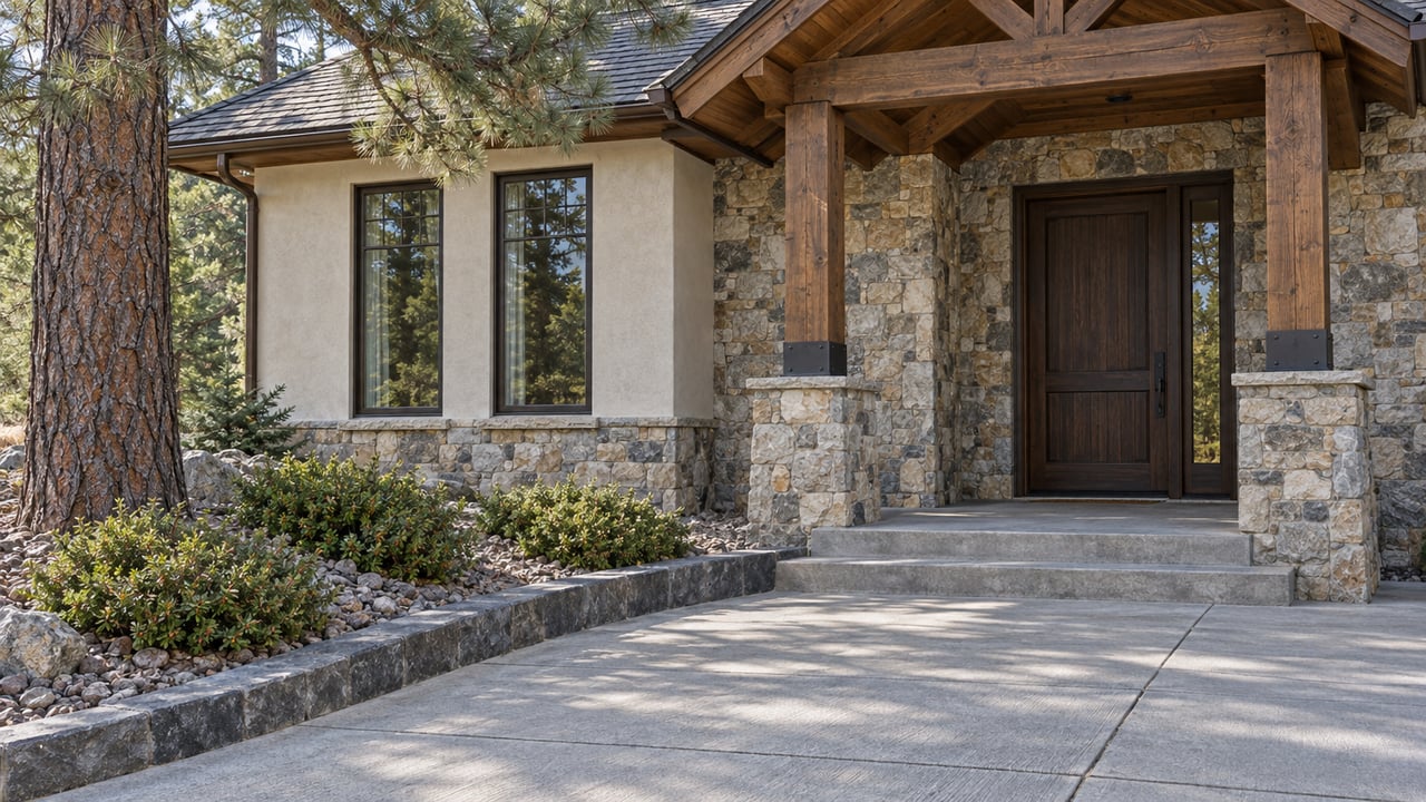 Sunlit stone and cream stucco home entry with timber porch posts, a broad concrete approach, and a mature ponderosa pine.