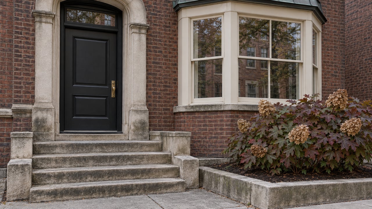 Brick townhouse entrance with weathered limestone steps, a black paneled door, a cream-painted bay window and an oakleaf hydrangea.