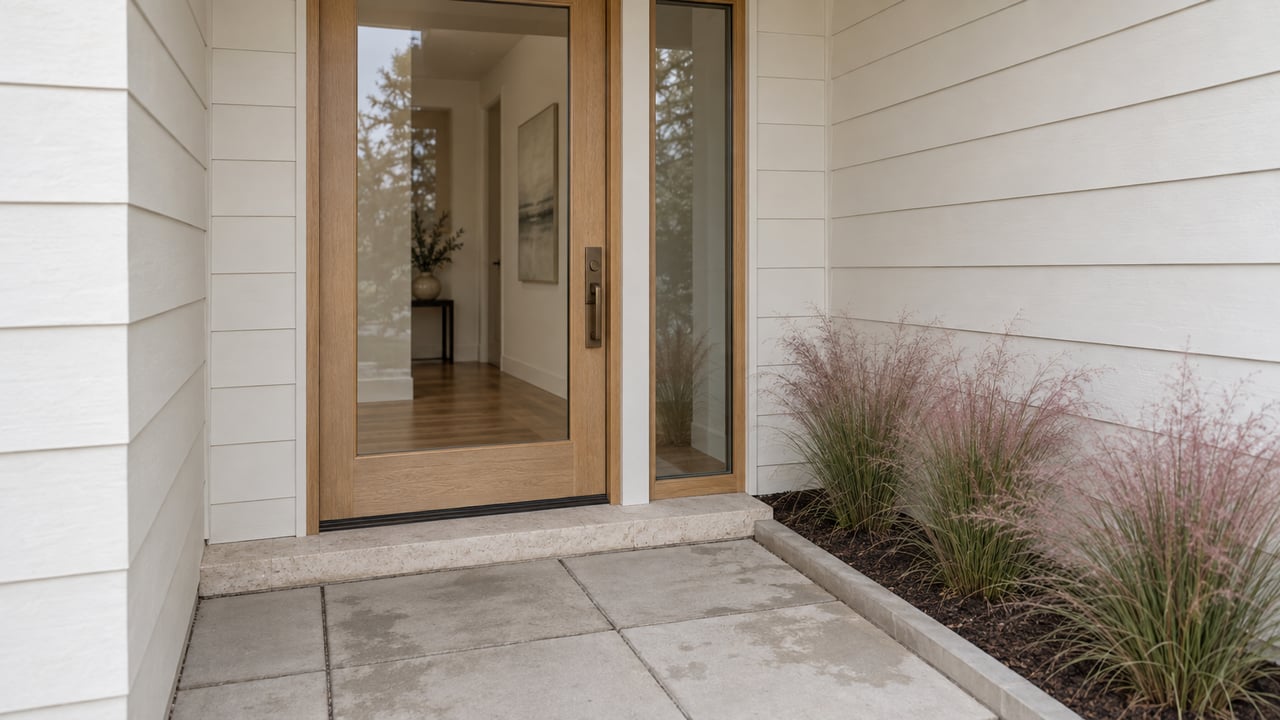 Closed glazed oak townhouse door beside a narrow sidelight, pale pavers, and ornamental grass.