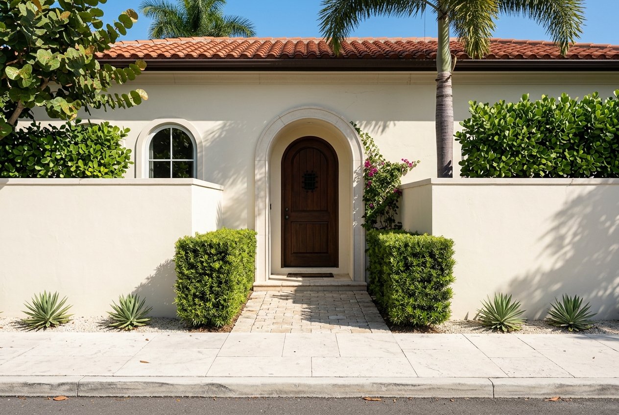 Mediterranean Revival estate entry with a stucco privacy wall, arched recess, and tropical planting.