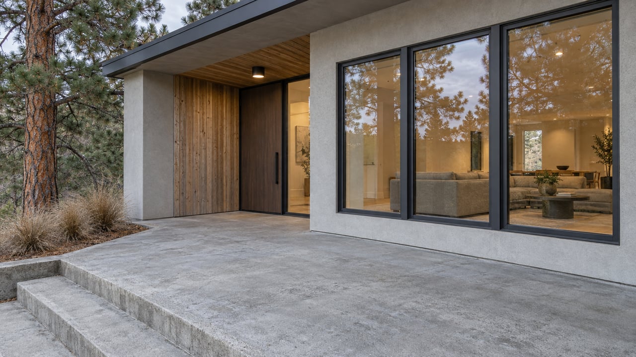 Covered concrete entry terrace with cedar-lined doorway, pale stucco walls and warm windows beside a mature pine and dormant grasses.