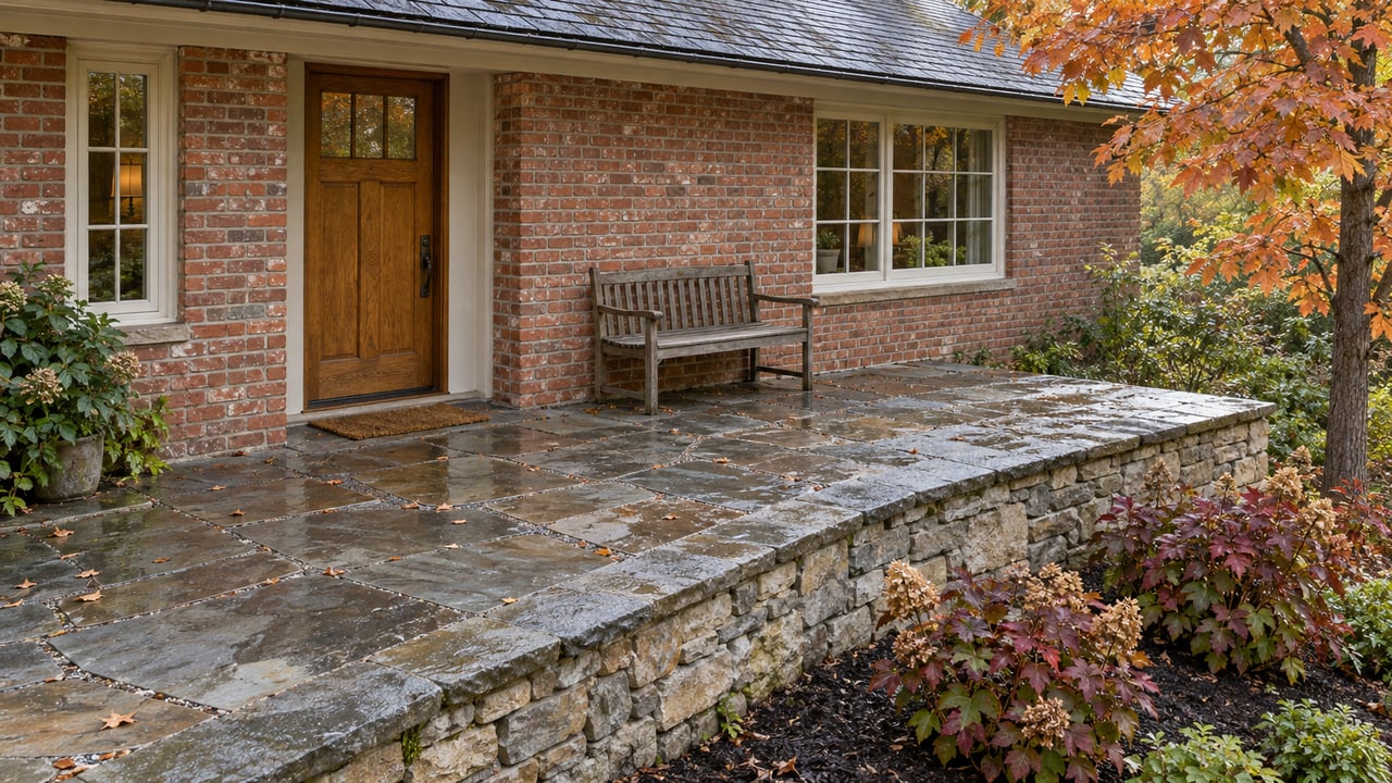 Brick home with a wooden side door, flagstone terrace and limestone retaining wall beside autumn foliage.