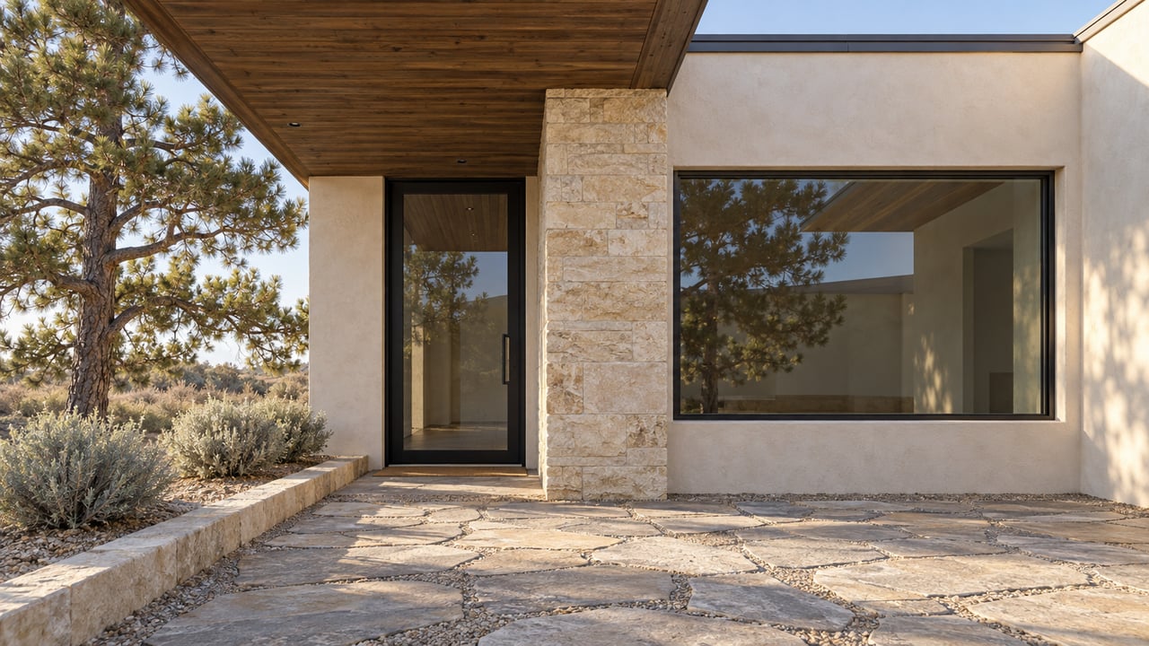 Modern stucco home entrance with a limestone pier, dark timber soffit, stone pavers, and a pine tree.