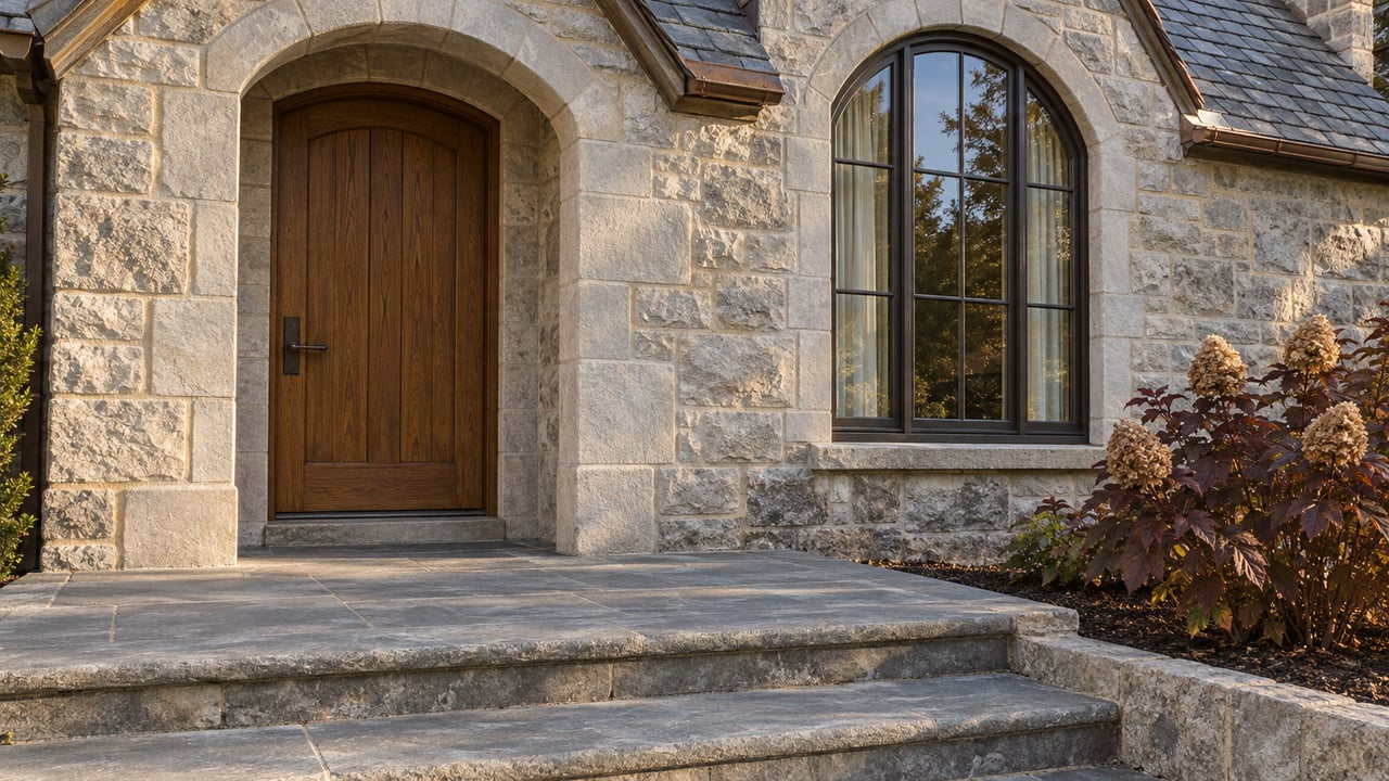 Morning light grazes a limestone home's oak entry, arched bronze-framed window and worn bluestone steps beside burgundy oakleaf hydrangea.
