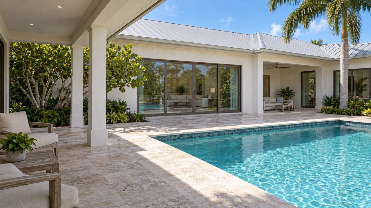 A limestone pool terrace facing a white home with closed bronze-framed living-room glazing and a covered outdoor seating bay.