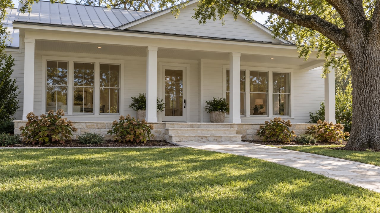 Off-white home with tall grouped windows, a limestone porch and broad lawn beneath a mature live oak.
