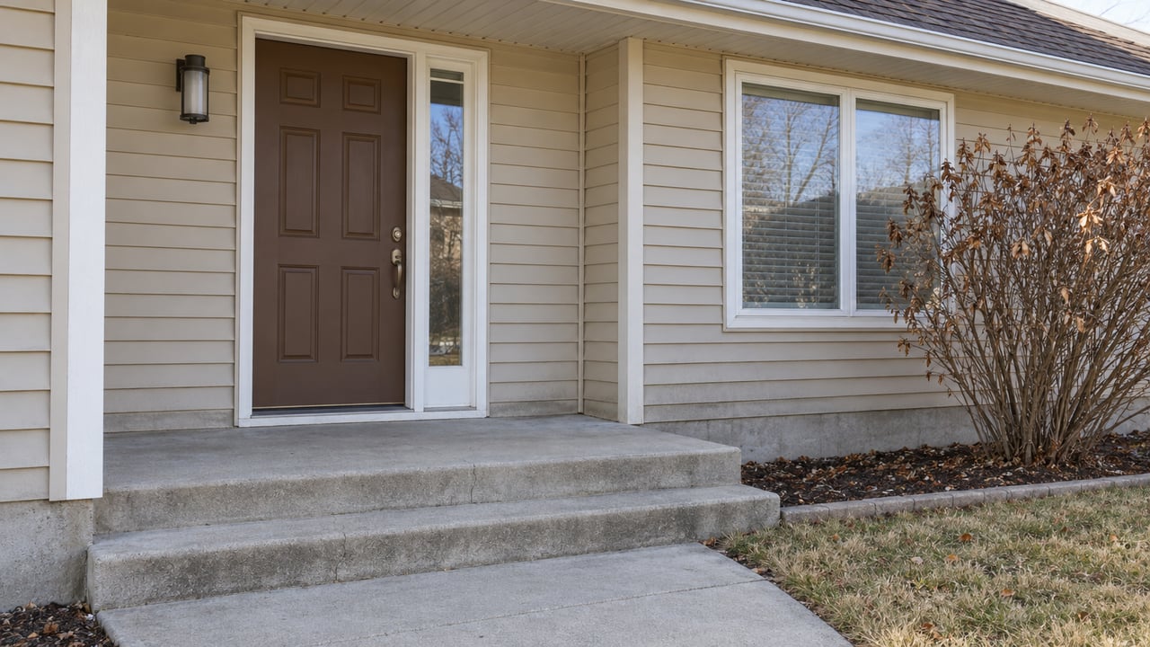 Autumn morning light on a sheltered front door, tan siding, concrete steps and a bare lilac beside a closed window.