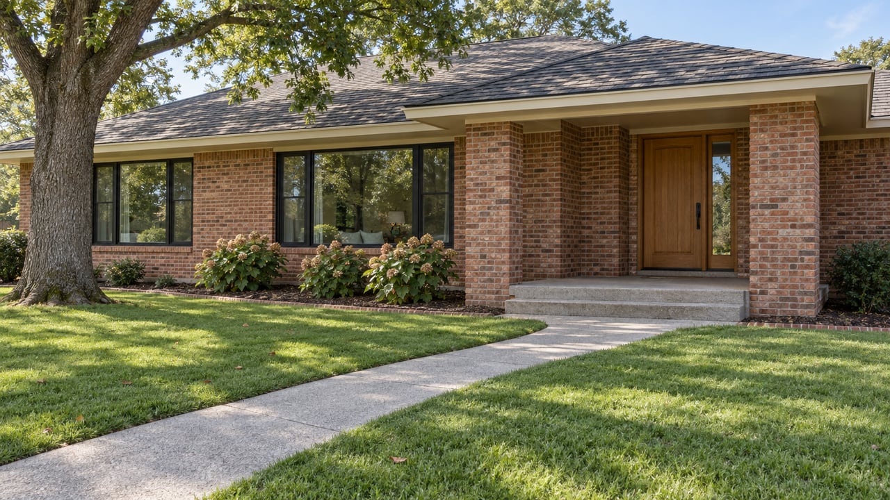 Updated red-brick home with black-framed windows, a recessed oak entry, broad front lawn, and a mature white oak.