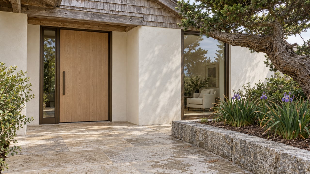 A recessed oak entrance and bronze-framed window above a limestone terrace, beside a granite planter holding a wind-shaped cypress.