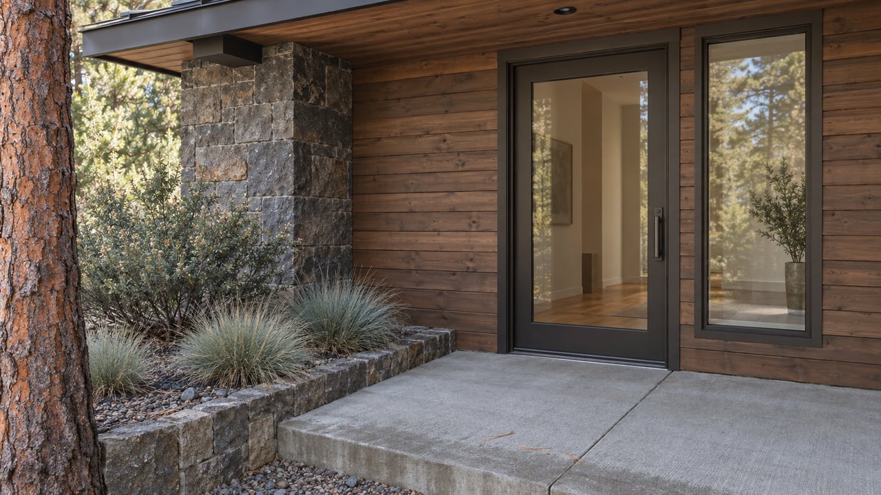 Covered contemporary home entry with weathered cedar siding, basalt masonry, bronze-framed glazing and naturalistic pine-side planting.