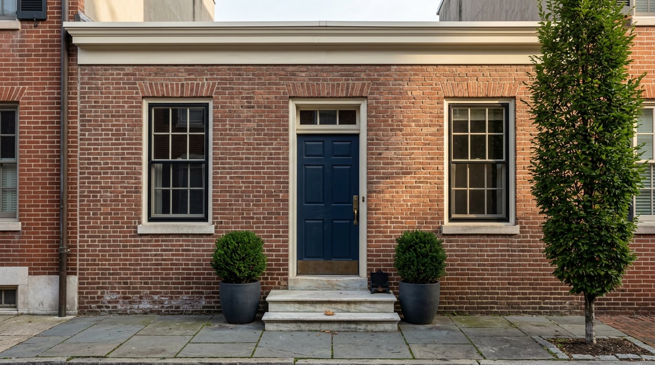 Historic brick townhouse with a navy door, white-trimmed windows, marble stoop, and potted boxwoods.