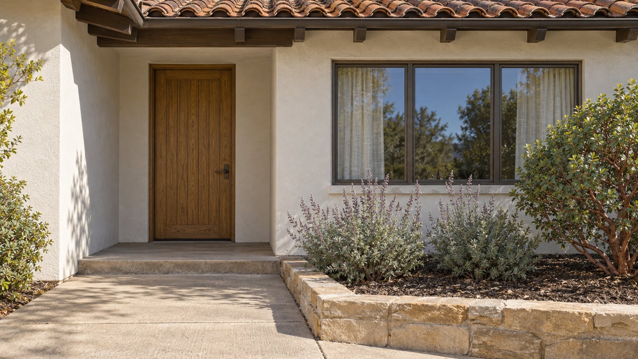 Close view of a pale stucco home's oak entry door, bronze-framed window and clay-tile roof above a concrete walk and sandstone-edged planting bed.
