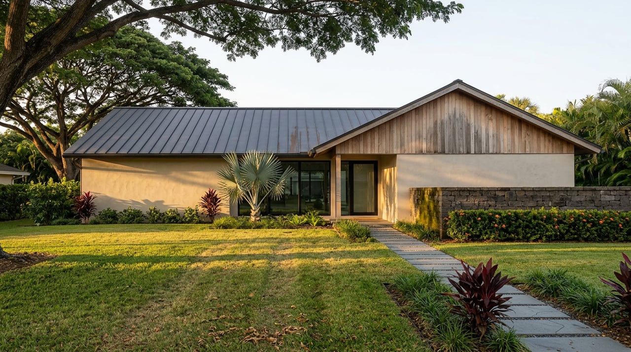 Single-story stucco home with cedar gable, basalt wall, and stone path across a broad lawn beneath a rain tree.