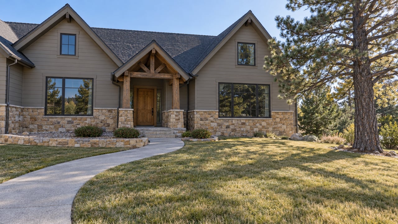 Gabled house with sandstone and gray siding behind a deep autumn lawn, concrete entry walk, and mature pine.