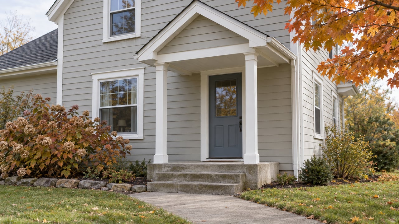Gray clapboard home with a small gabled entry porch, concrete steps, lawn and autumn oakleaf hydrangea.