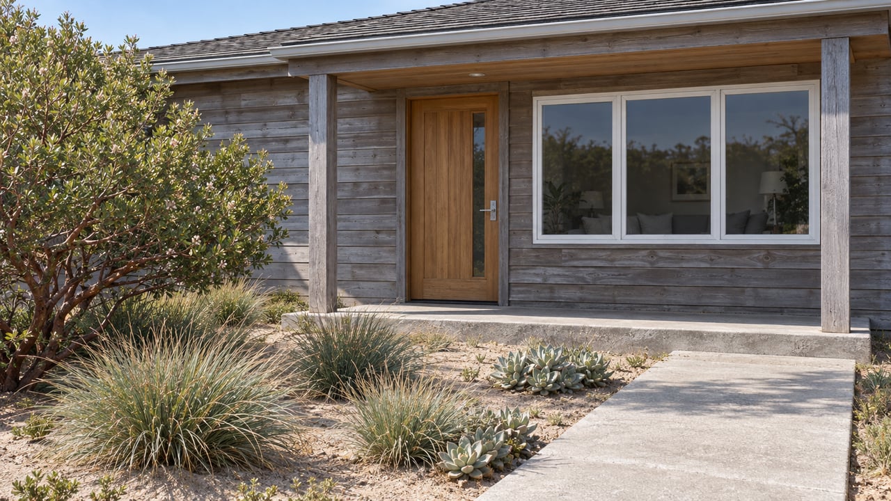 Silver-gray wood-sided home with a sheltered entry, concrete walkway and sculptural native planting in sandy garden beds.
