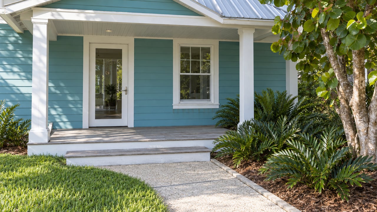 Sunlit turquoise cottage with white trim, a covered timber porch, shell-aggregate path and sculptural coastal planting.