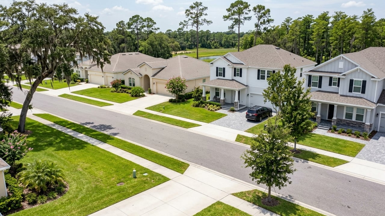Aerial view of suburban homes along a tree-lined street with green lawns and sidewalks.