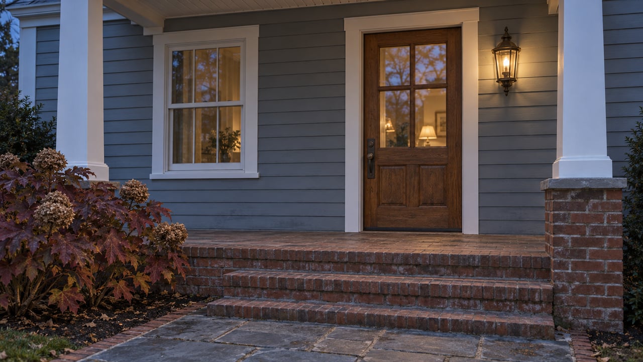 Blue-gray clapboard entry at twilight, with a warm bronze lantern, glazed wood door, worn brick steps and burgundy oakleaf hydrangea.