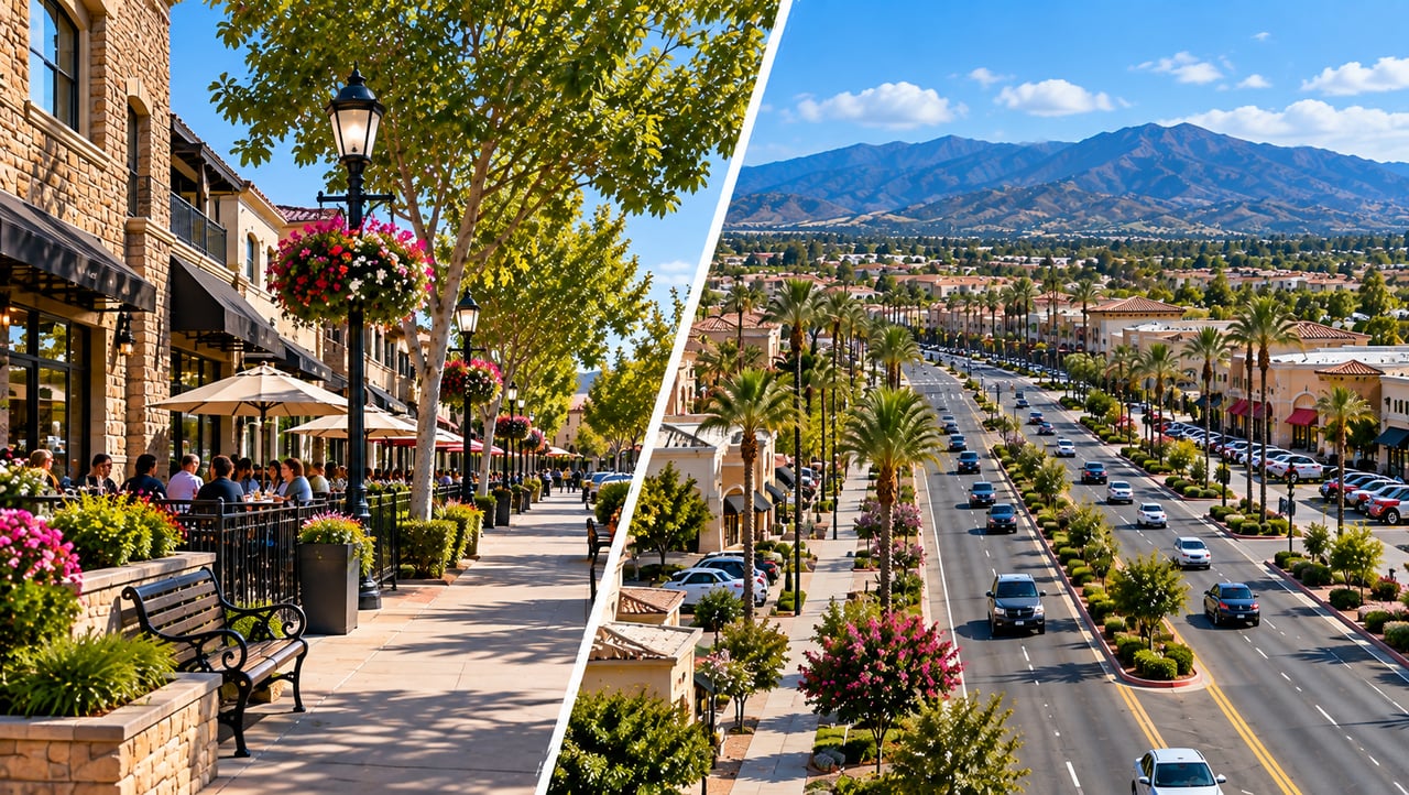 Downtown Murrieta and Clinton Keith Road in Murrieta, California, showcasing shopping, dining, palm-lined streets, and mountain views