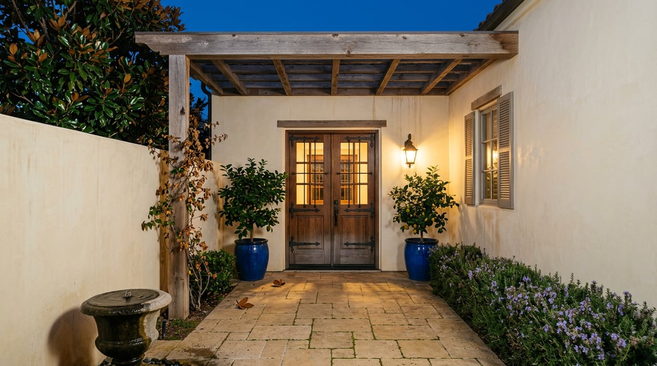Walnut double doors glow beneath an iron lantern, flanked by citrus urns and rosemary in a stucco courtyard.
