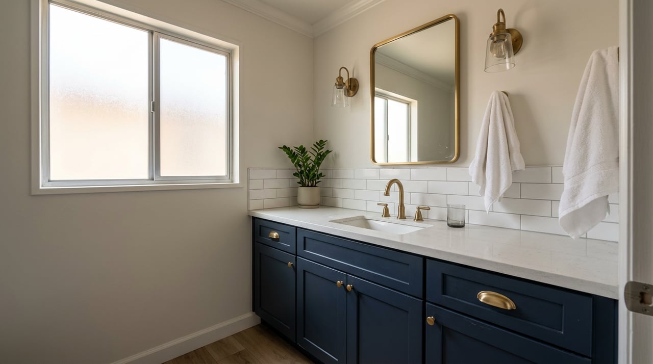 Bathroom vanity with navy shaker cabinets, brass fixtures, a frosted window, and a small potted plant.