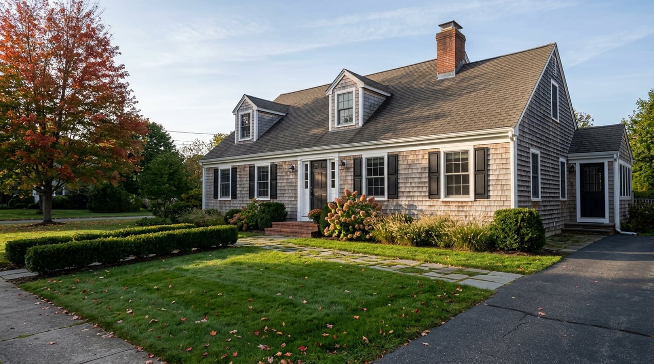 Colonial home with gray-brown shingles, black shutters, a brick chimney, and an amber-leaved tree beside a deep lawn.