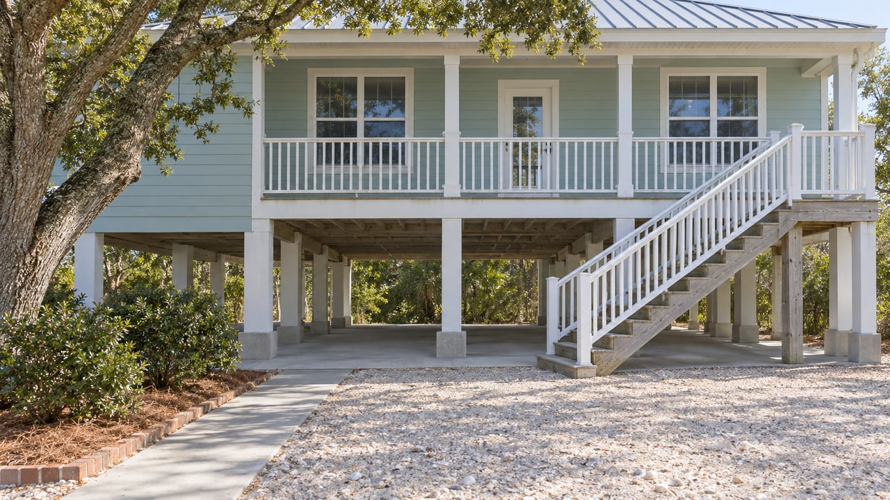 Sea-glass-sided raised cottage with white pilings, a sun-weathered exterior stair and a shell-gravel front yard beneath a live oak.