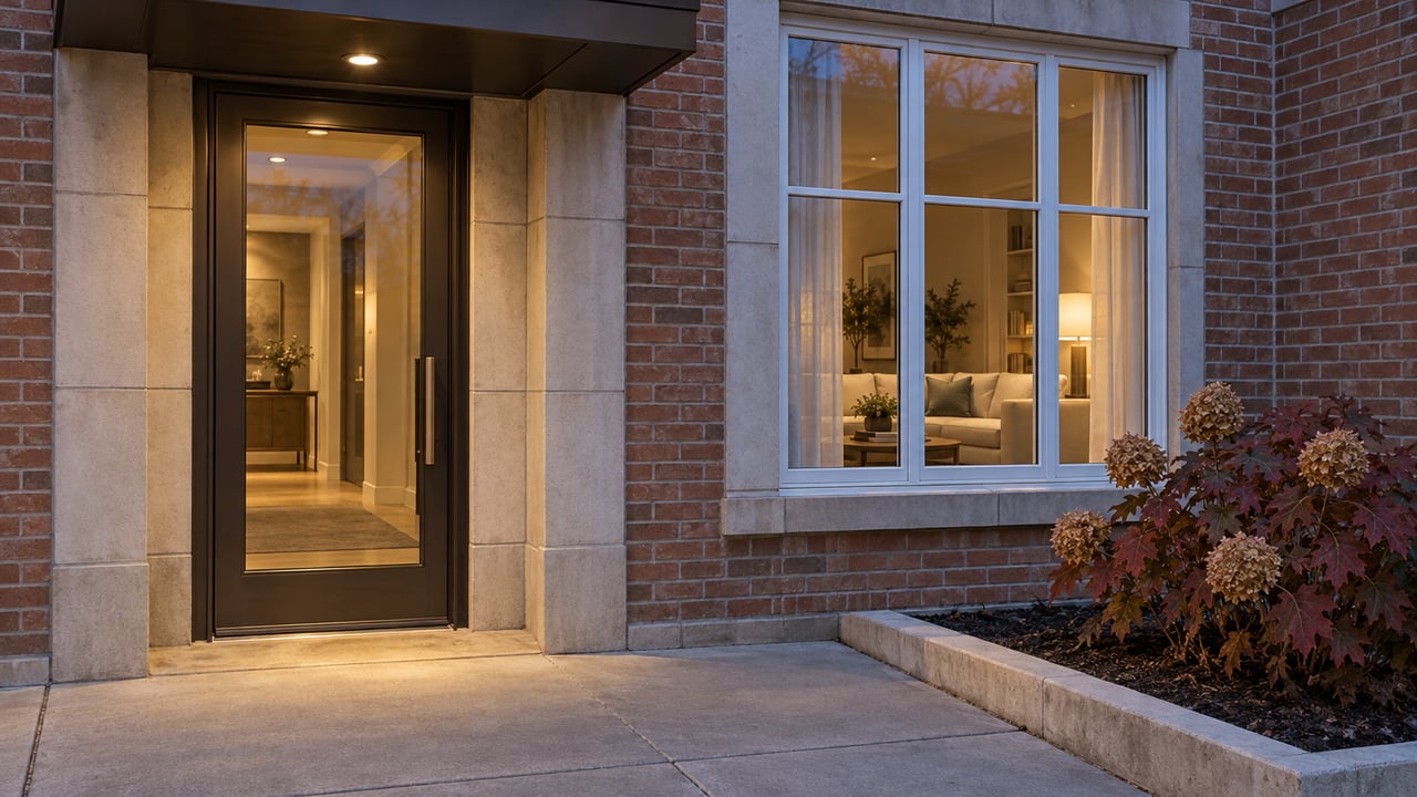 Brick condominium entrance at blue hour with a glazed door, softly lit living-room window and autumn oakleaf hydrangea in a limestone-edged bed.