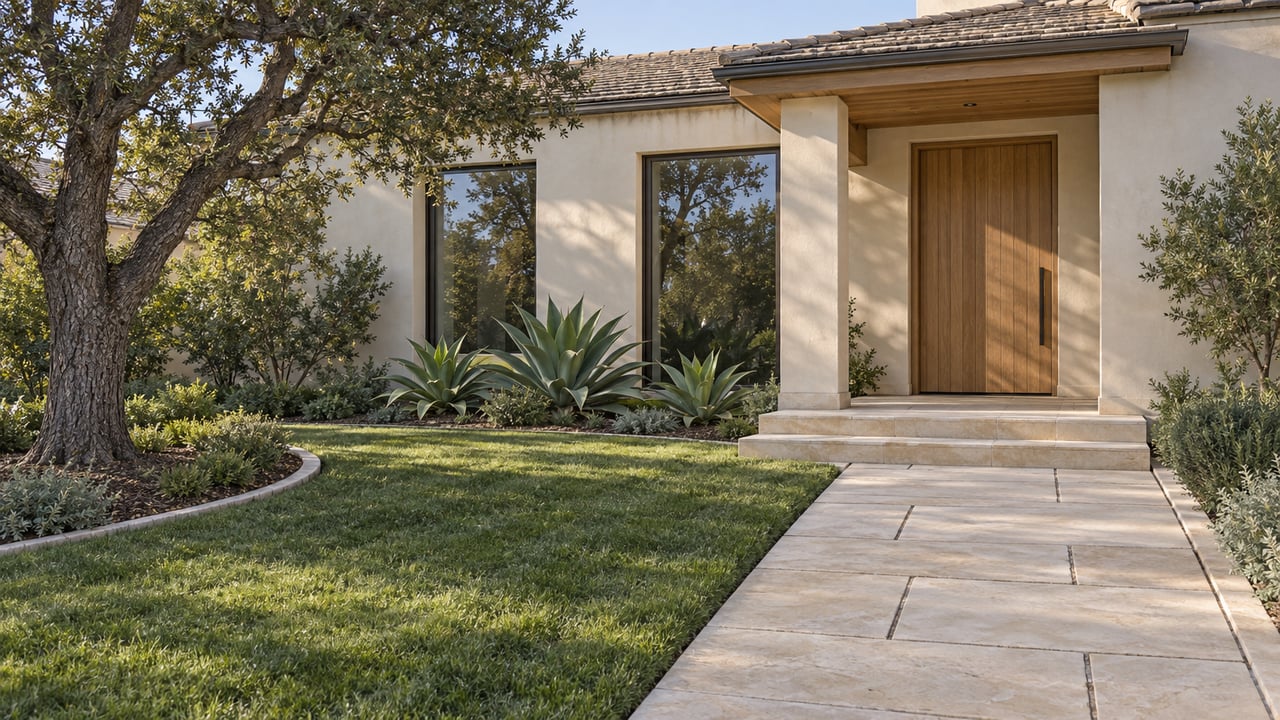 Sunlit ivory stucco home with sandstone entry steps, bronze-framed windows and an oak-shaded front garden.